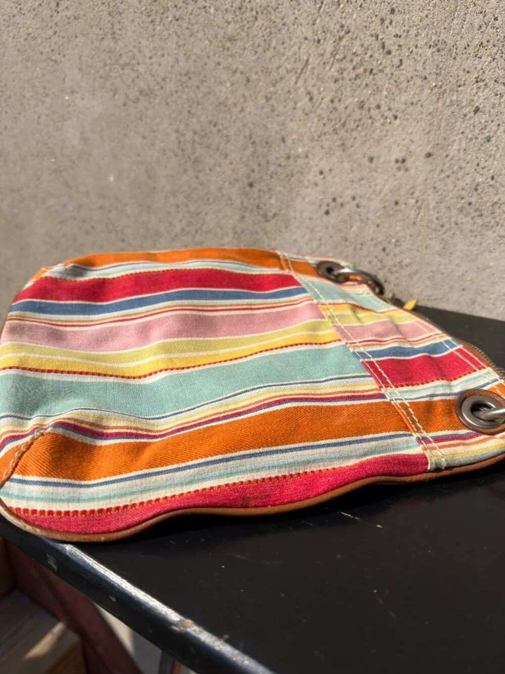 FOSSIL COLORFUL STRIPED CANVAS CROSSBODY SHOULDER BAG PURSE LEATHER TRIM
